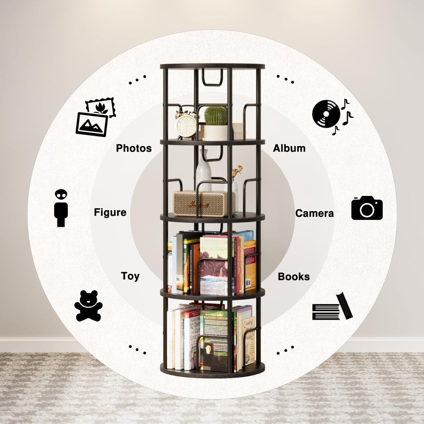 4 Tier Rotating Bookshelf, 360 Display Spinning Corner Bookshelf, Space-Saving Metal Frame Bookcase for Living Room, Office, Bedroom, Black