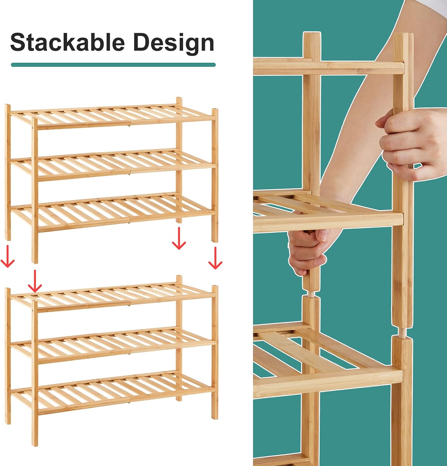 6-Tier Bamboo Shoe Rack for Entryway, Stackable | Foldable | Natural, Shoe Organizer for Hallway Closet, Free Standing Shoe Racks for Indoor Outdoor