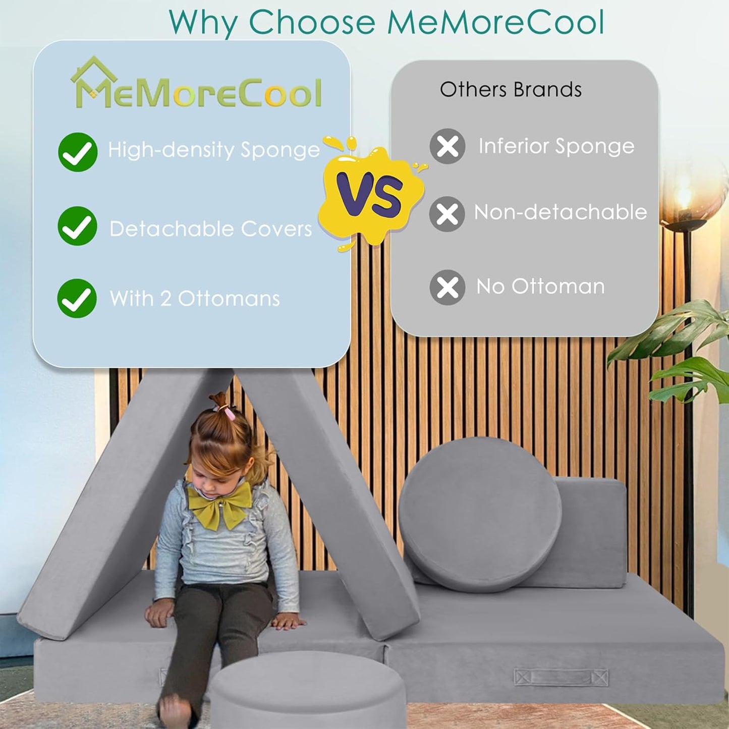 MeMoreCool Modular Kids Play Couch for Toddlers, Floor Foam Explorer Sofa with Building Fort Feature, Sectional Fold Out Block Couch for Playroom, Grey