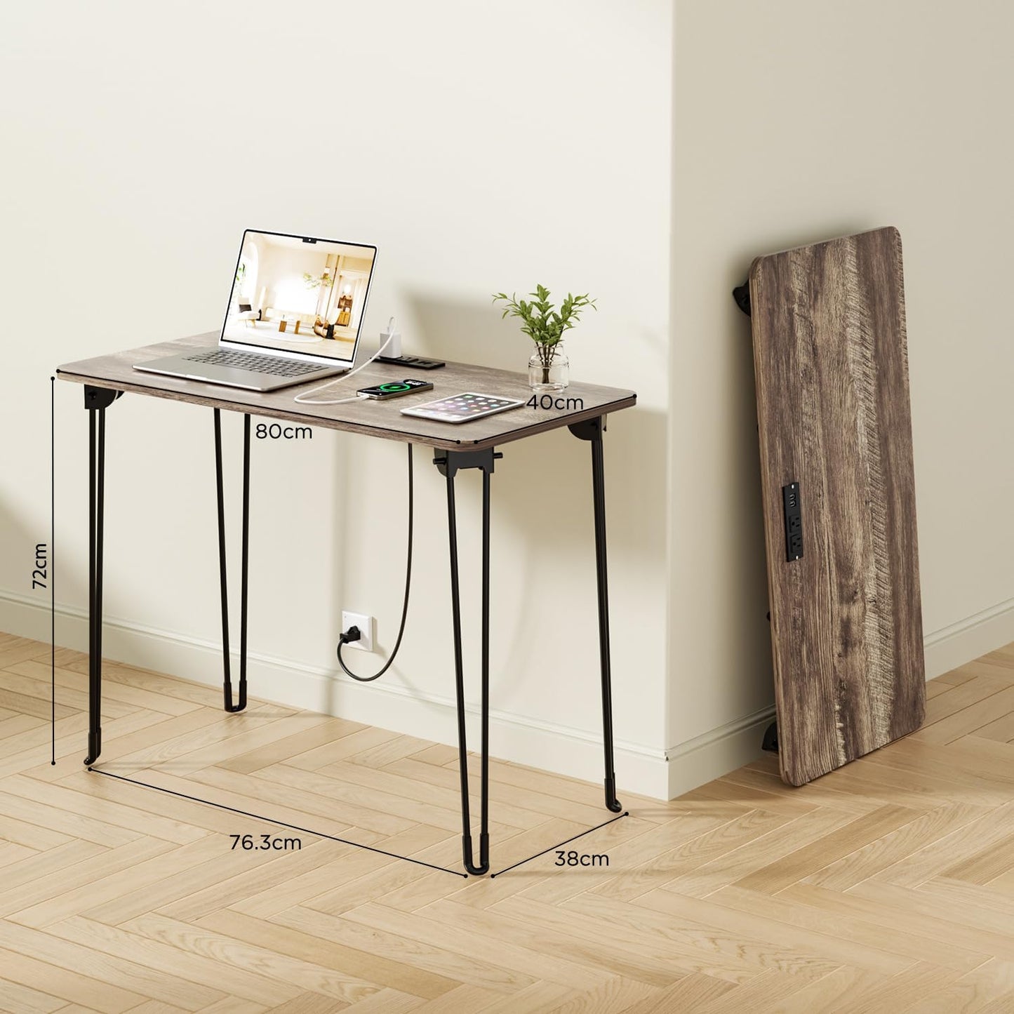 Folding Desk, 31.5" Hairpin Legs Small Desk with Power Strip for Bedroom, Space Saving Foldable Computer Desk for Home Office, No Assembly Need,Light Brown