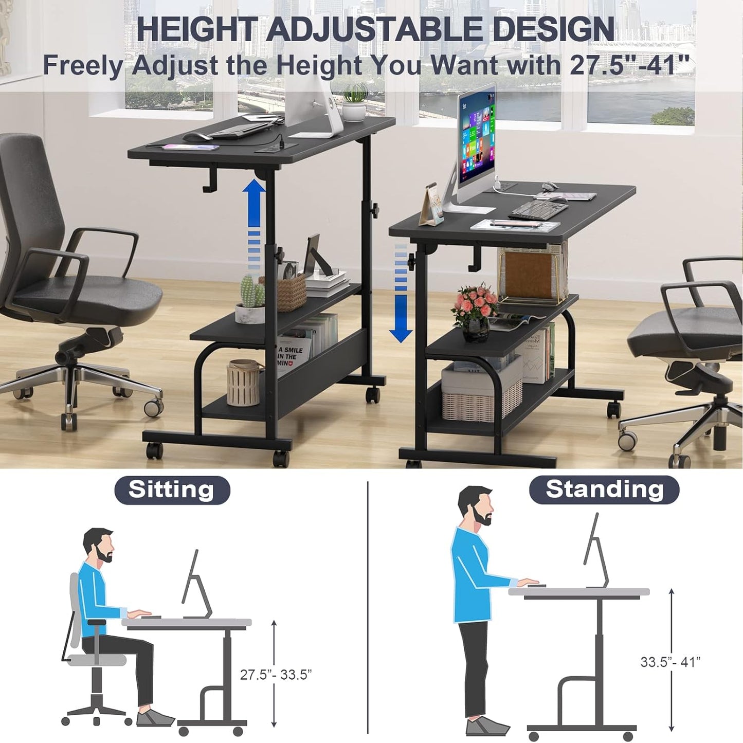 Armocity Height Adjustable Standing Desk with Power Outlets, 39" Manual Stand Up Desk with Storage Shelves Small Mobile Rolling Computer Desk Portable Laptop Table with Wheels for Home Office, Black
