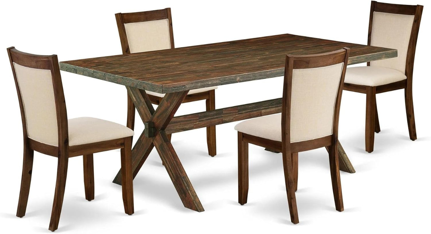 East West Furniture X777MZN32-5 5 Piece Kitchen Table & Chairs Set Includes a Rectangle Dining Room Table with X-Legs and 4 Light Beige Linen Fabric Parsons Chairs, 40x72 Inch, Multi-Color