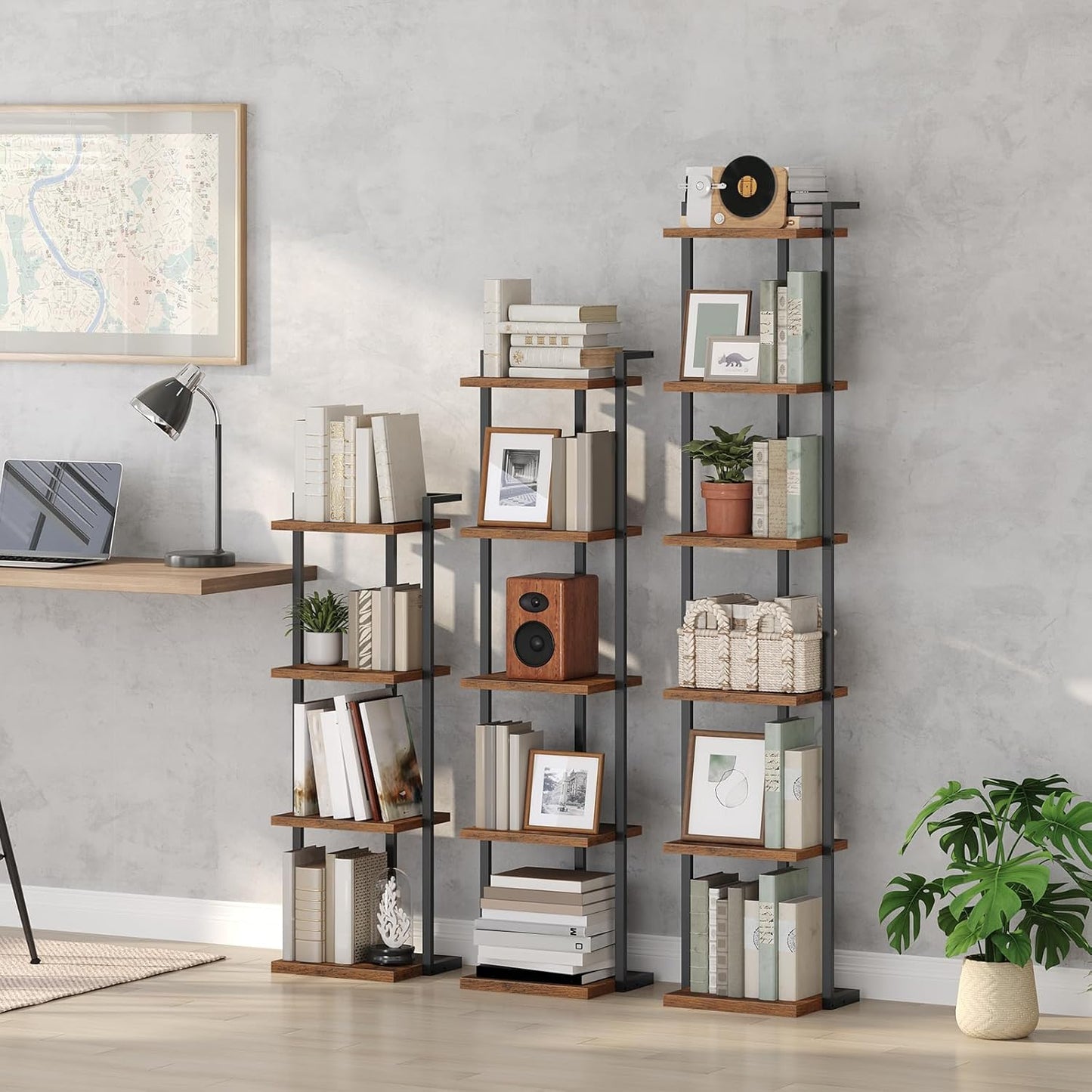 Bookshelf, 4-Tier Bookcase, Vertical Tall Narrow Book Shelf for Small Space, Open Storage Display Shelf with Stable Base & Anti-Tip Kits, for Living Room, Study, Rustic Brown BKHR11401