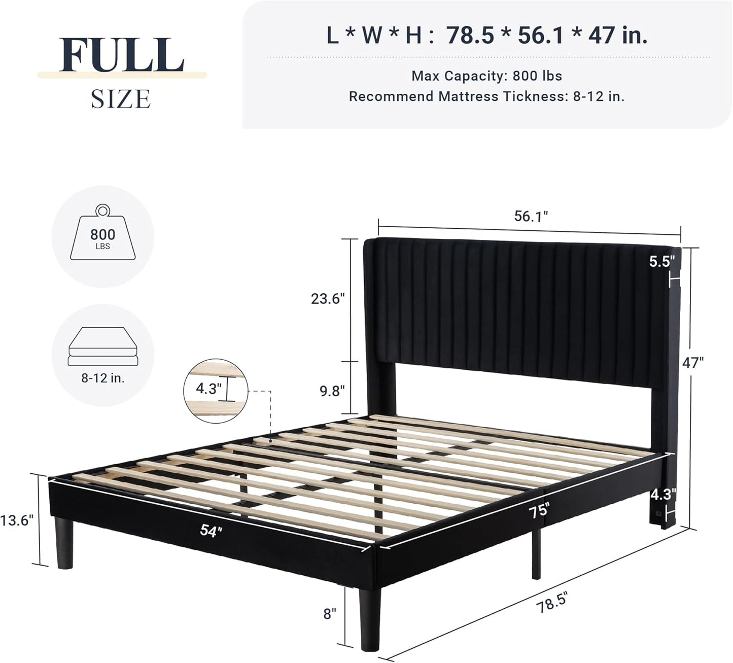 Allewie Full Size Velvet Bed Frame/Vertical Channel Tufted Wingback Headboard/Upholstered Platform Bed/Strong Wooden Slats/No Box Spring Needed/Easy Assembly/Black
