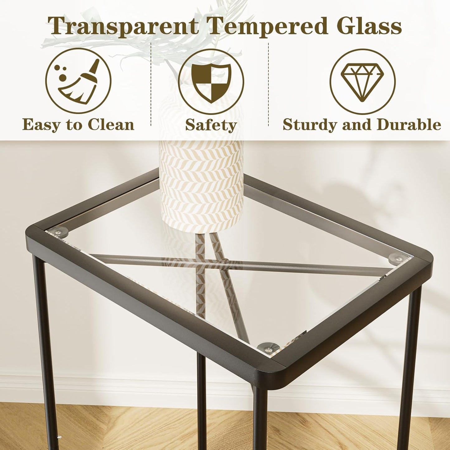 Garden 4 you Small Side Table, Glass End Table, Outdoor Side Table with Metal Frame, Mini Bedside Table for Living Room, Bedroom, Patio, Small Space, Black