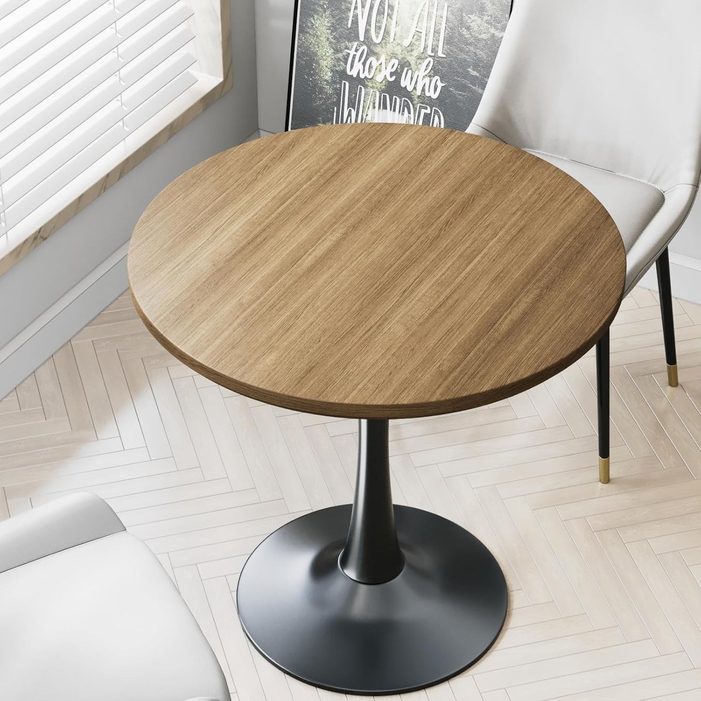 24" Small Tulip Table for 2 Person, Walnut Wood Round Dining Table for Kitchen, Mid Century Modern Table with Metal Pedestal Base for Cafe, Pub, Bar, Living Room, Bar, 24 inch Circle Bistro Tables
