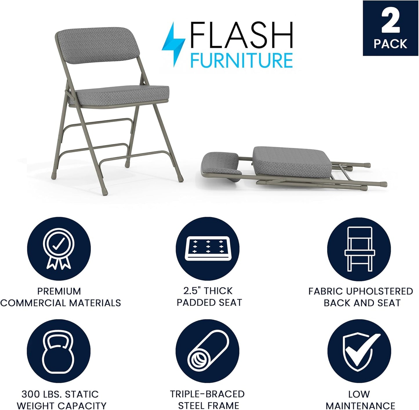 Flash Furniture Hercules Series Metal Folding Chairs with Cushioned Seats, Fabric Upholstered Event Chairs, Set of 2, Gray