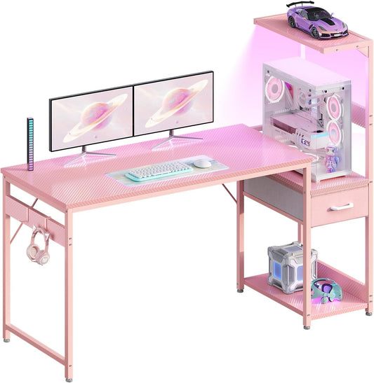 Casaottima 54 Inch Gaming Desk with Storage & LED Lights, Reversible Computer Desk with Display Shelves & Fabric Drawer, Modern Gamer Desk Table with Side Headphone Hook, Carbon Fiber Pink