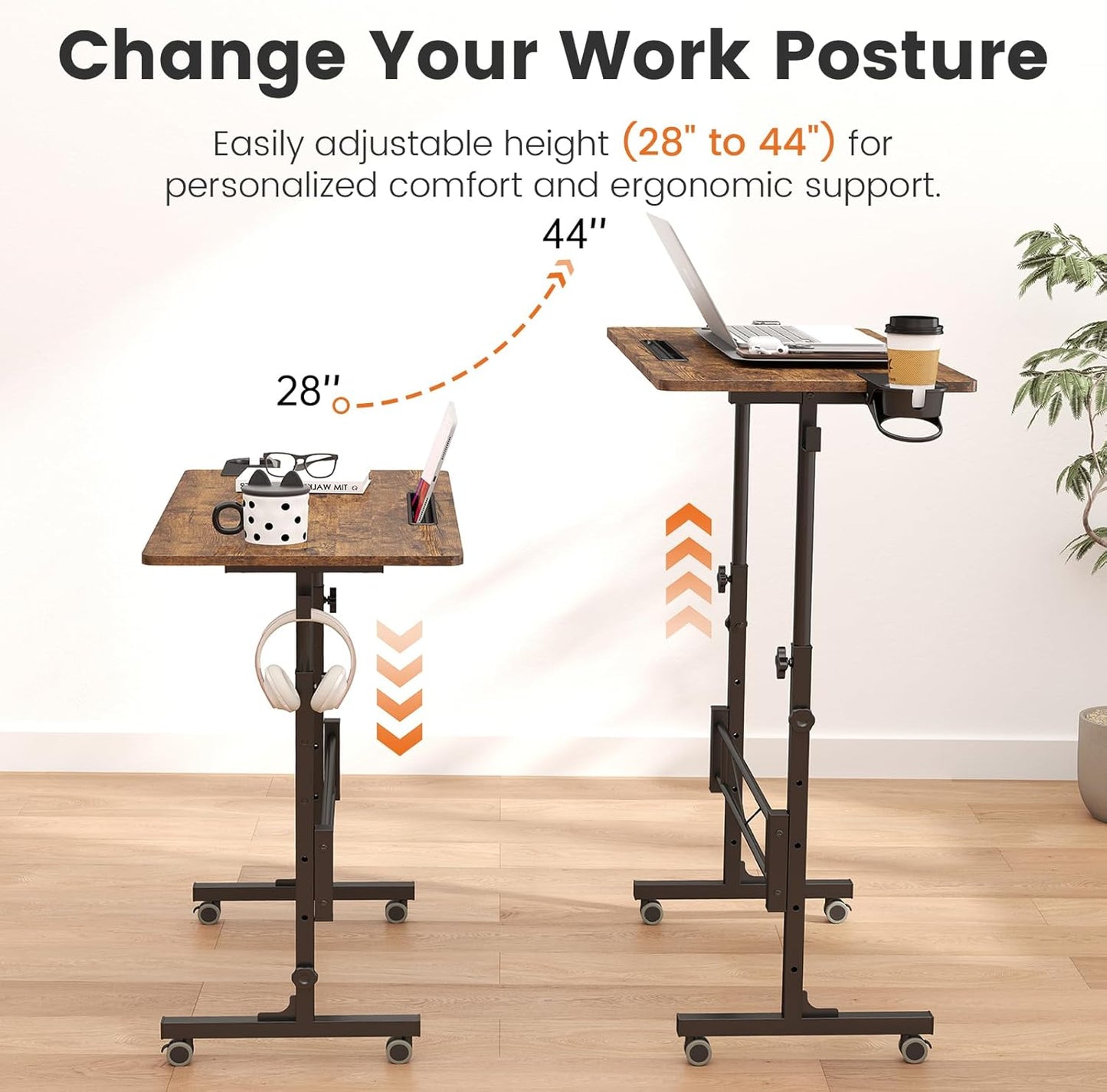 Hadulcet Small Standing Desk Adjustable Height, Rolling Desk for Standing or Sitting, Portable Computer Desk for Walking Pad, Rustic Brown