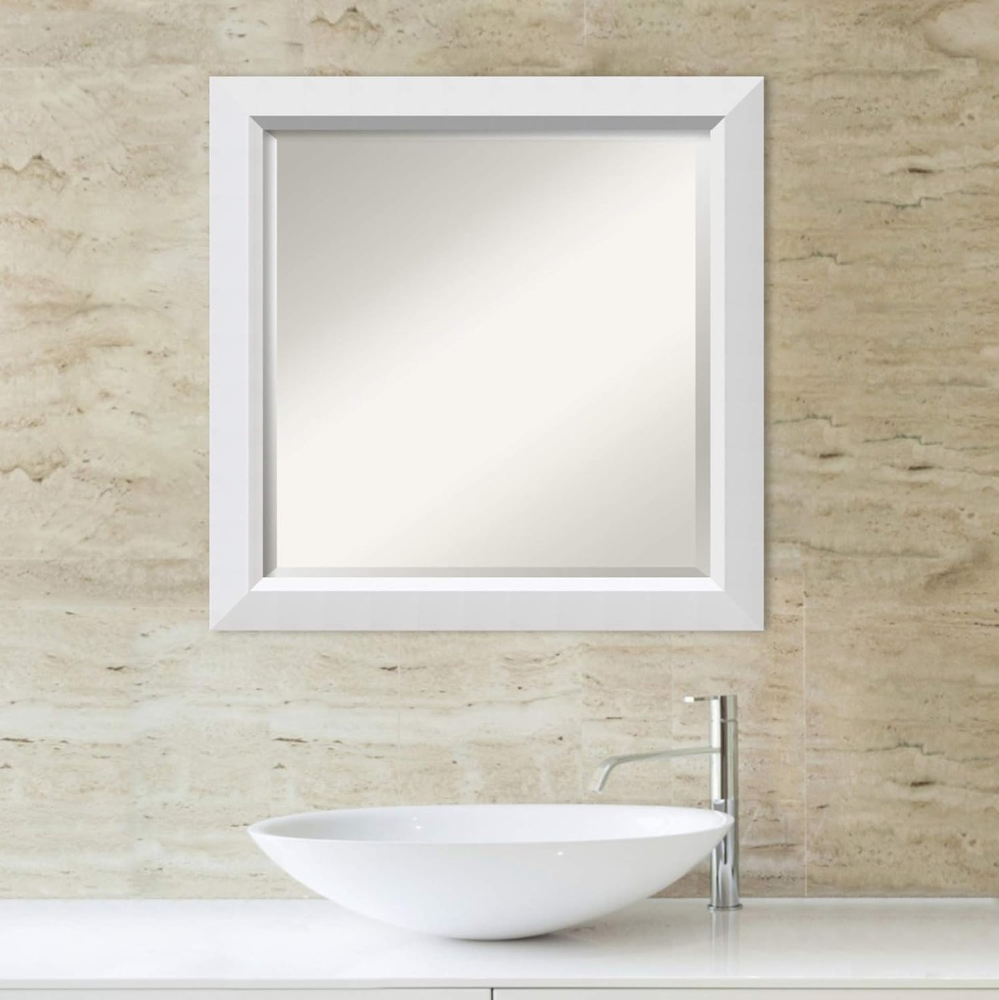 Amanti Art White Bathroom Mirror for Over Sink, 24x24 Blanco White Square Vanity Mirror, Medium Modern Contemporary Wood Frame, Hangs Horizonally and Vertically, Bathroom Wall Decor, Beveled Edge