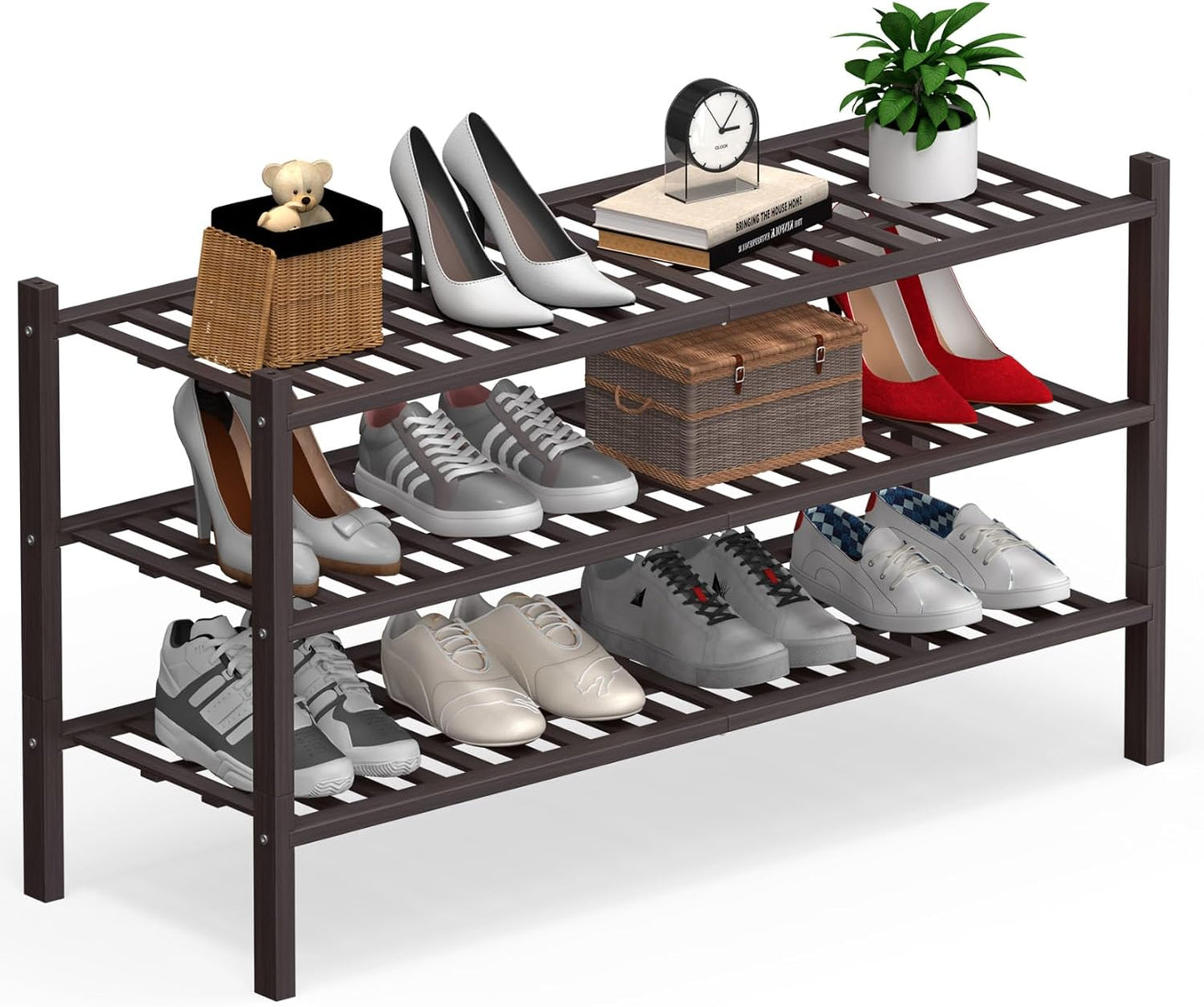 Haddockway Long 3 Tier Bamboo Shoe Rack Storage Organizer, Multifunctional Free Standing Stackable Shoe Shelf with Grid Panel for Closet,Hallway,Entryway,Small Space 34.2"x11"x20"(Brown, 3-Tier(Long))
