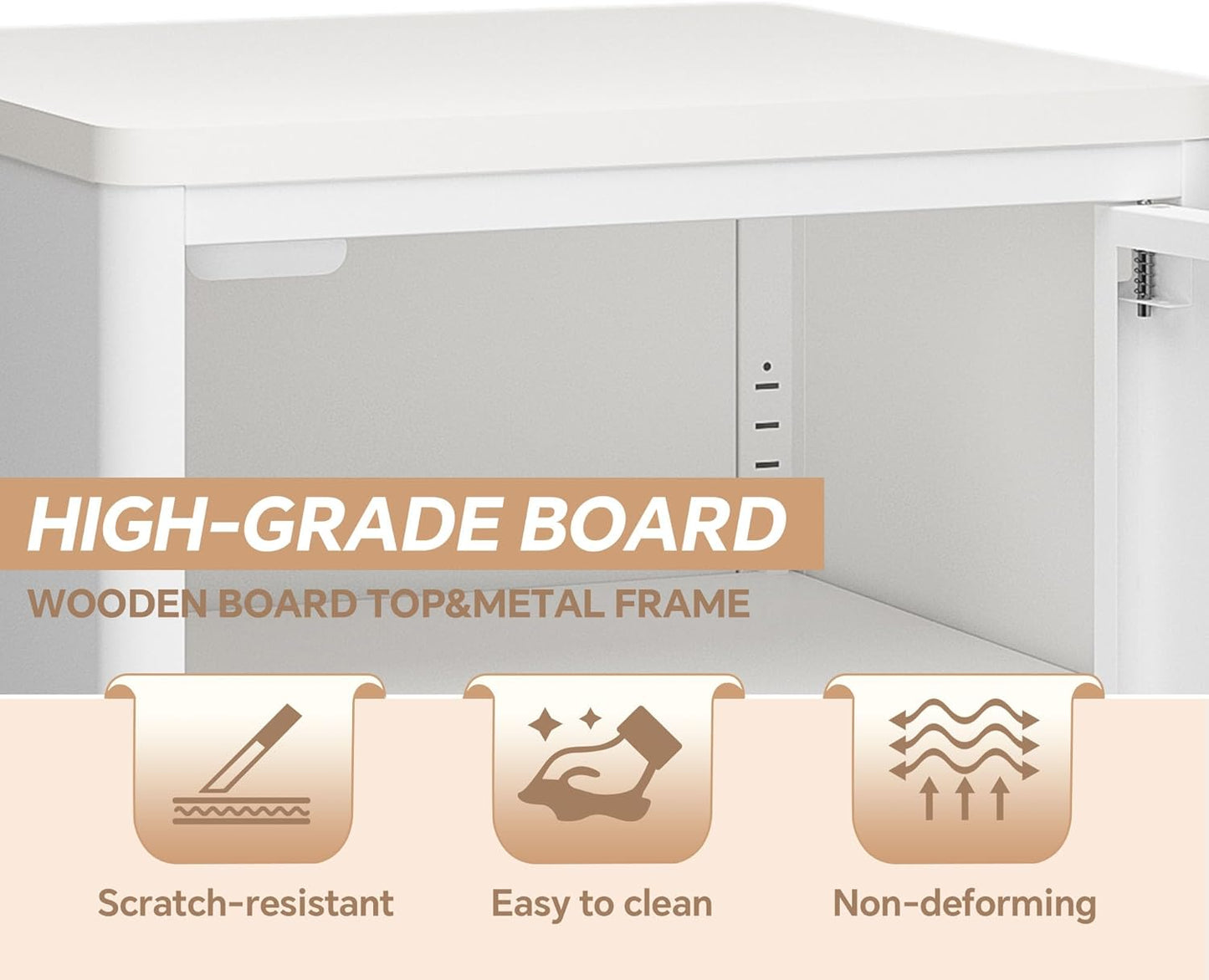 Nightstand with 1 Door, Metal Side Table with Wooden top for Bedroom, Living Room and Dorm 15.75 x 15.67 x 21.26 Inches (1 Door, Cream)