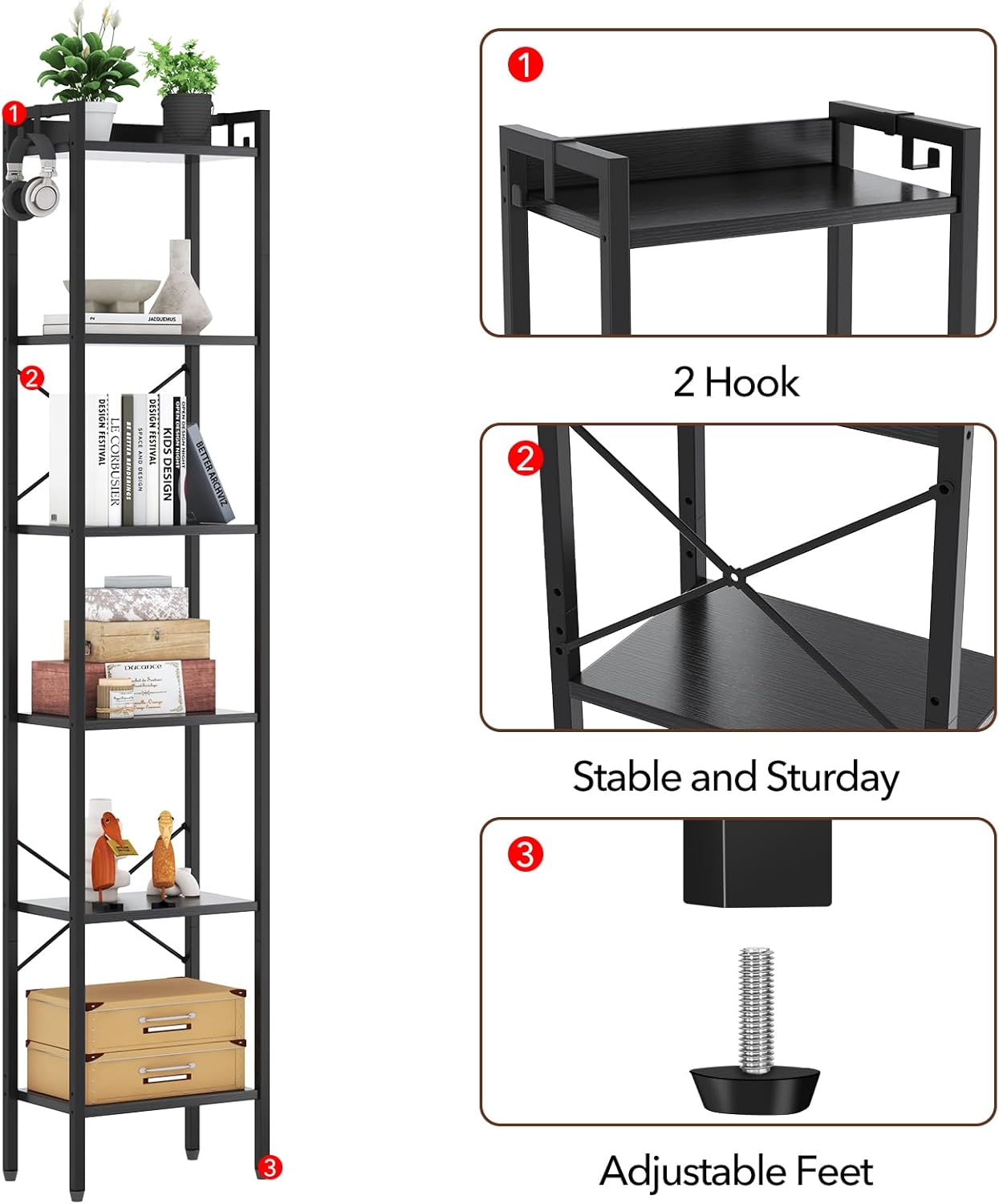 5 Tier Bookshelf, Bookcase with 5 Shelves, Storage Rack Organizer, Corner Wood Storage Shelf with Metal Frame for Bedroom, Living Room (Black)