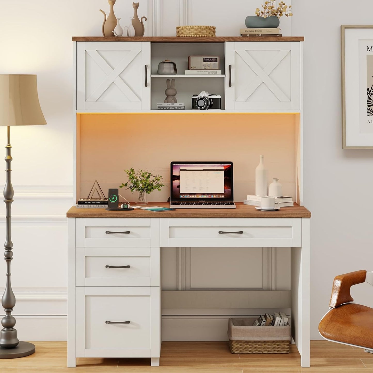 Farmhouse 67" H Executive Desk with Hutch,Office Table with 4 Drawers and LED Light, Computer Desk with Storage Cabinet & File Drawers and Charging Station, Wood Workstation for Home Office and Study