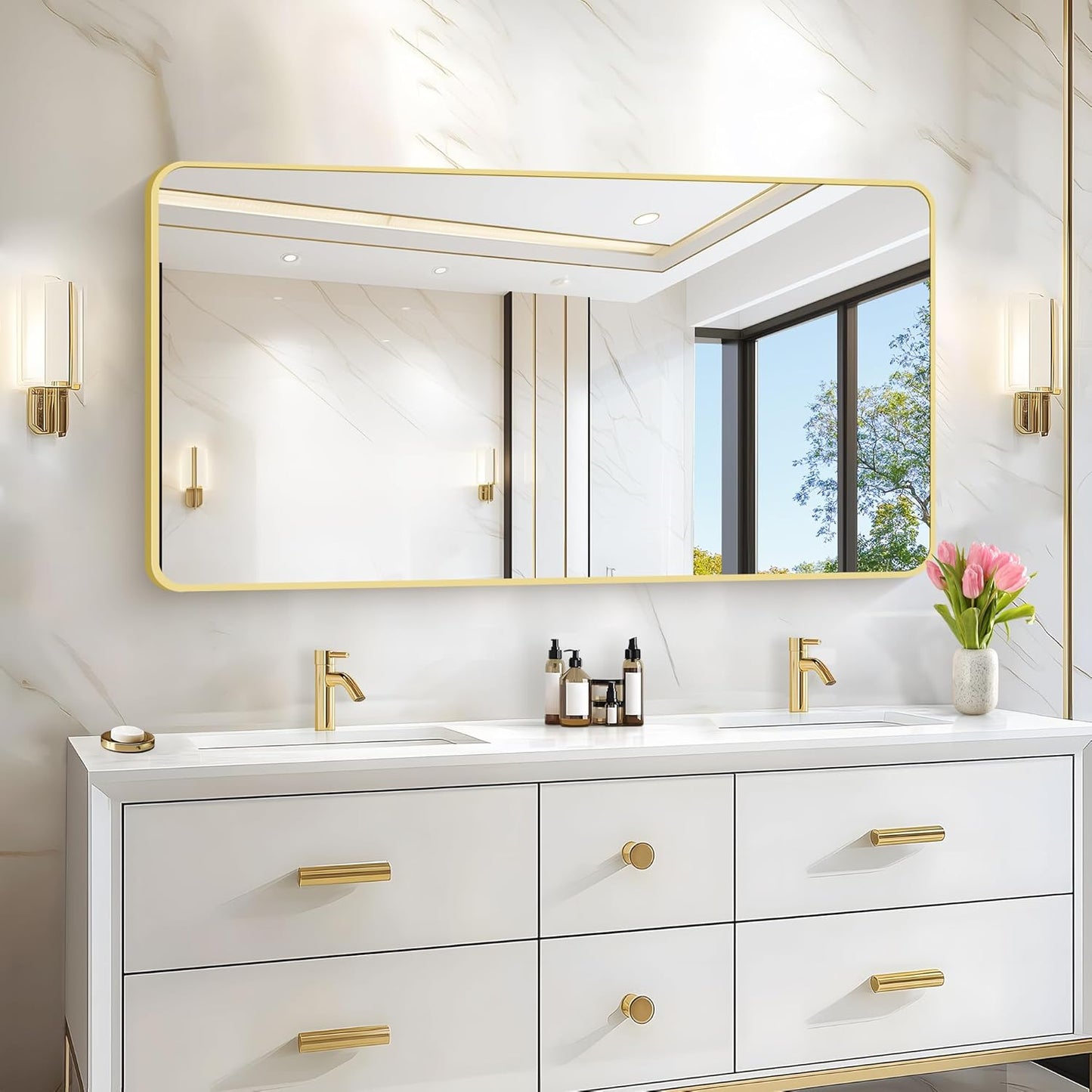 55x30 Inch Gold Bathroom Mirror, Metal Framed Gold Rectangle Mirrors, Rounded Rectangular Vanity Mirror, Large Wall Mounted Mirrors for Living Room Bedroom Entryway Hangs Horizontal or Vertical