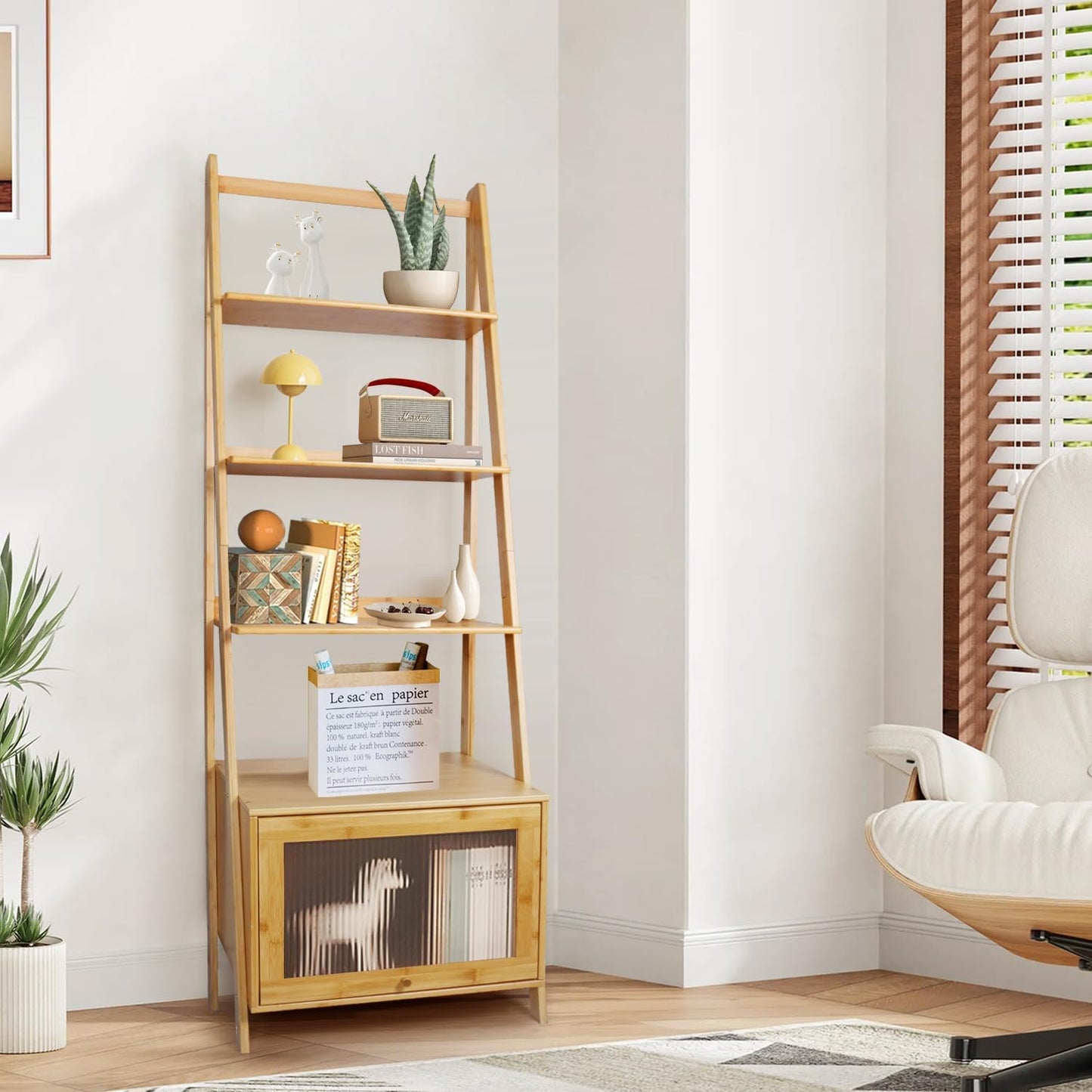 5-Tier Bamboo Ladder Bookshelf with Flip-Up Storage Cabinet - Large Capacity Mid Century Modern Bookcase, Space Saving Accent Furniture Open Display Rack Shelf for Bedroom Living Room Home Office