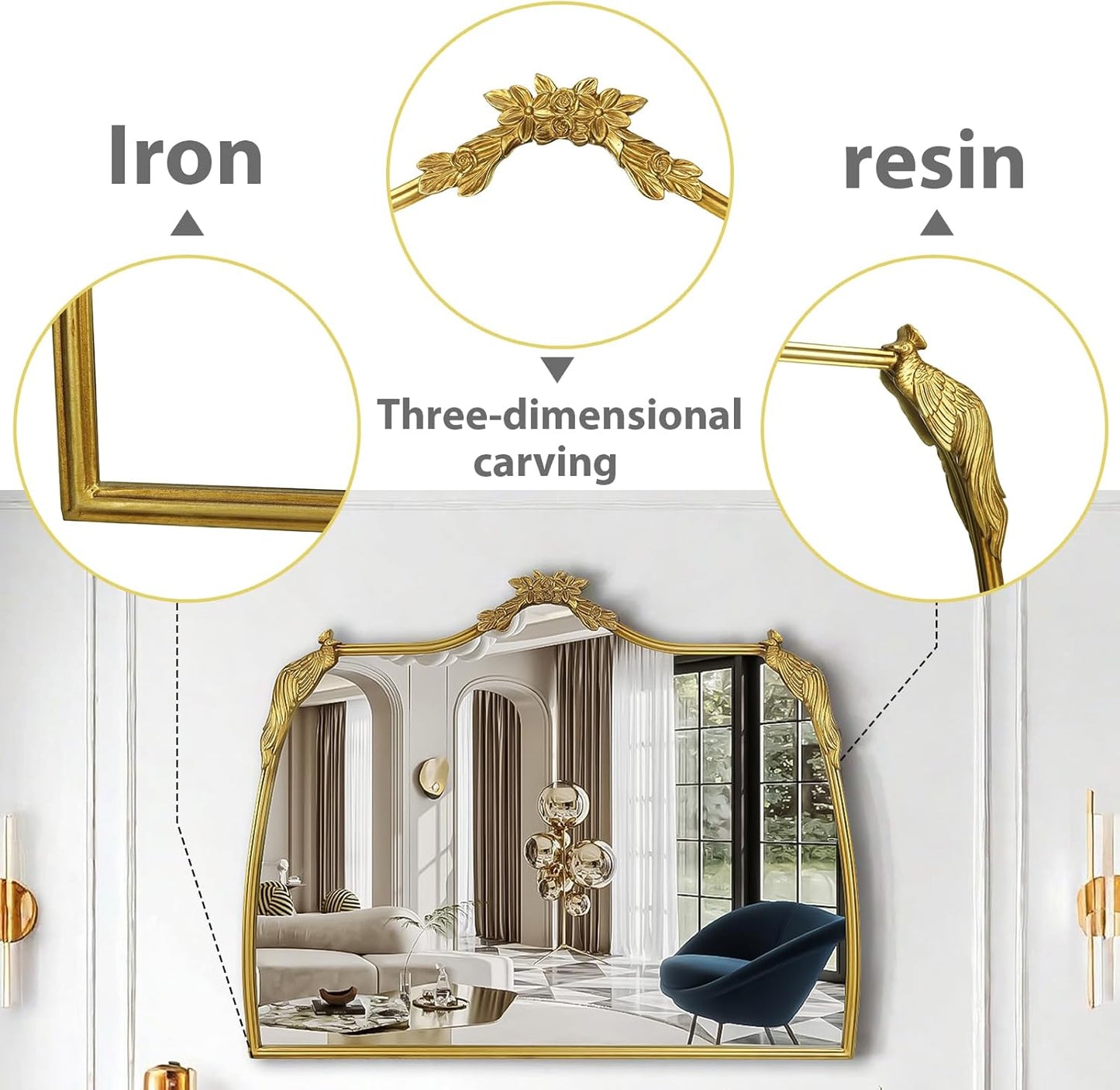 Baroque Mirror with Gold Vintage Decoration, Antique Brass Wall Mounted Mirror for Fireplace/Living Room/Hallway/Bathroom, Retro Palace Style for Decoration