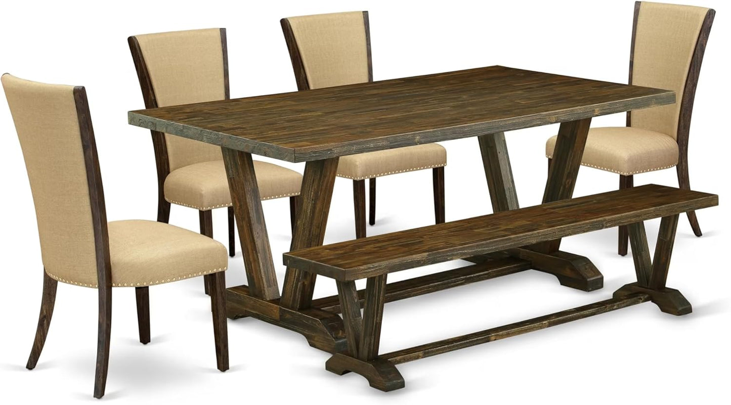 East West Furniture V777VE703-6 6 Piece Dining Set Contains a Rectangle Dining Room Table with V-Legs and 4 Brown Linen Fabric Parson Chairs with a Bench, 40x72 Inch, Multi-Color