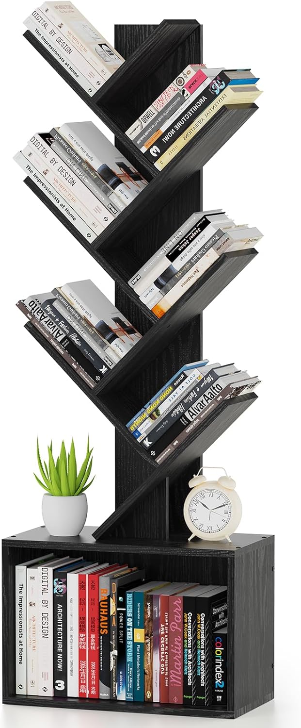 6 Tier Tree Bookshelf, Sturdy Retro Floor Standing Wood Bookcase, Storage Rack for Home Office, Living Room, Bedroom, Reading Spot, Heavy Book Organizer Shelves for CDs/DVDs/Movies, Black