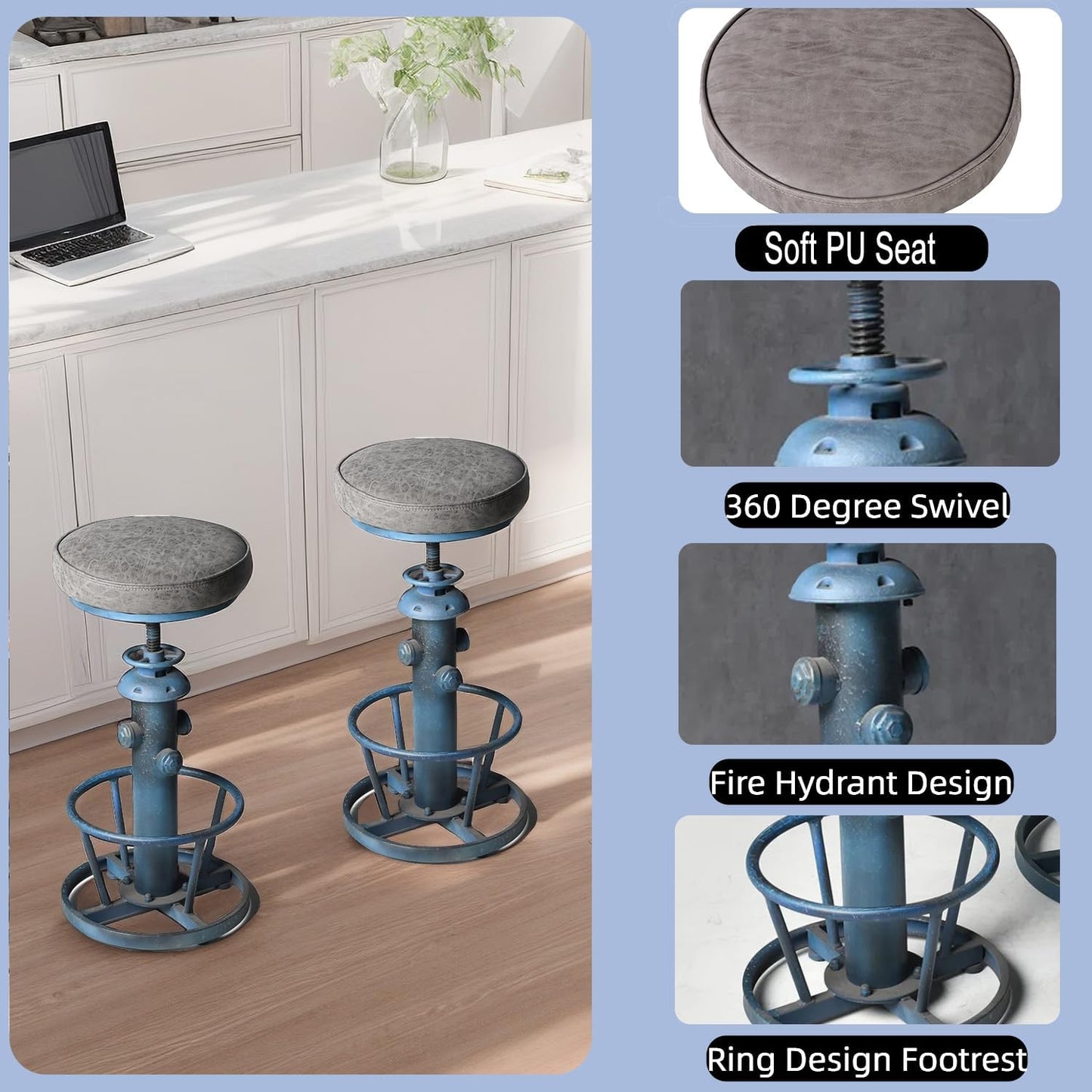 Industrial Bar Stool with Cushioned PU Seat 24.8-30.3inch Height Adjustable Vintage Counter Stools for Kitchen Island Farmhouse Fire Hydrant Design Coffee Chair