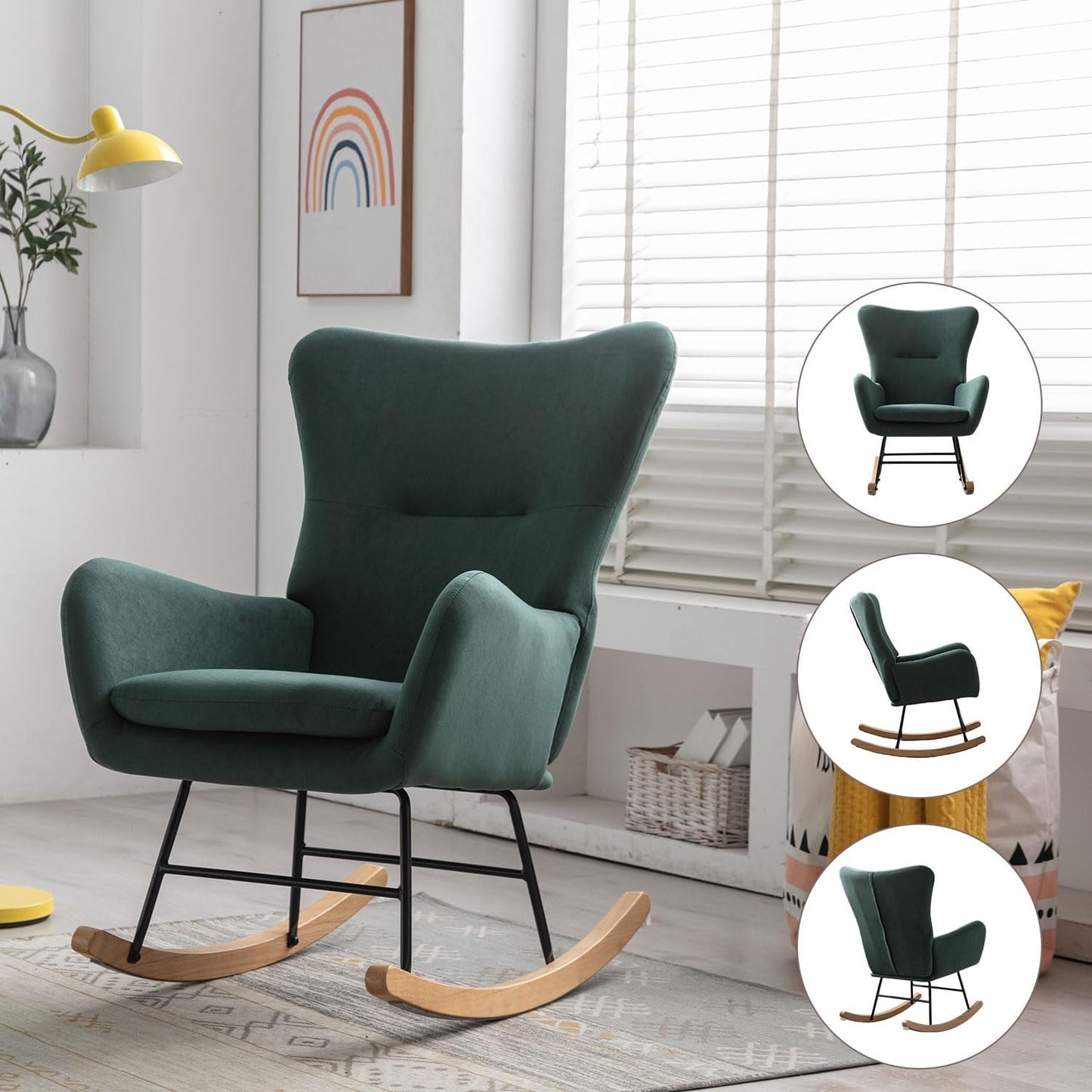 Phoenix Home Rocking Chair Nursery Velvet Upholstered Glider Rocker Rocking Accent Chair Padded Seat with High Backrest Armchair Comfy Side Chair for Living Room Bedroom Offices, Green