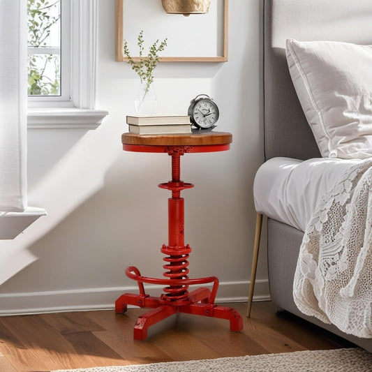 LOKKHAN American Antique Steampunk Bar Stool 24.41"-28.35" Vintage Industrial Adjustable Swivel Backless Counter Stool for Home, Dining, Breakfast, Pub, (Heavy Duty Metal & Wood, Aged Red, Brown Top)