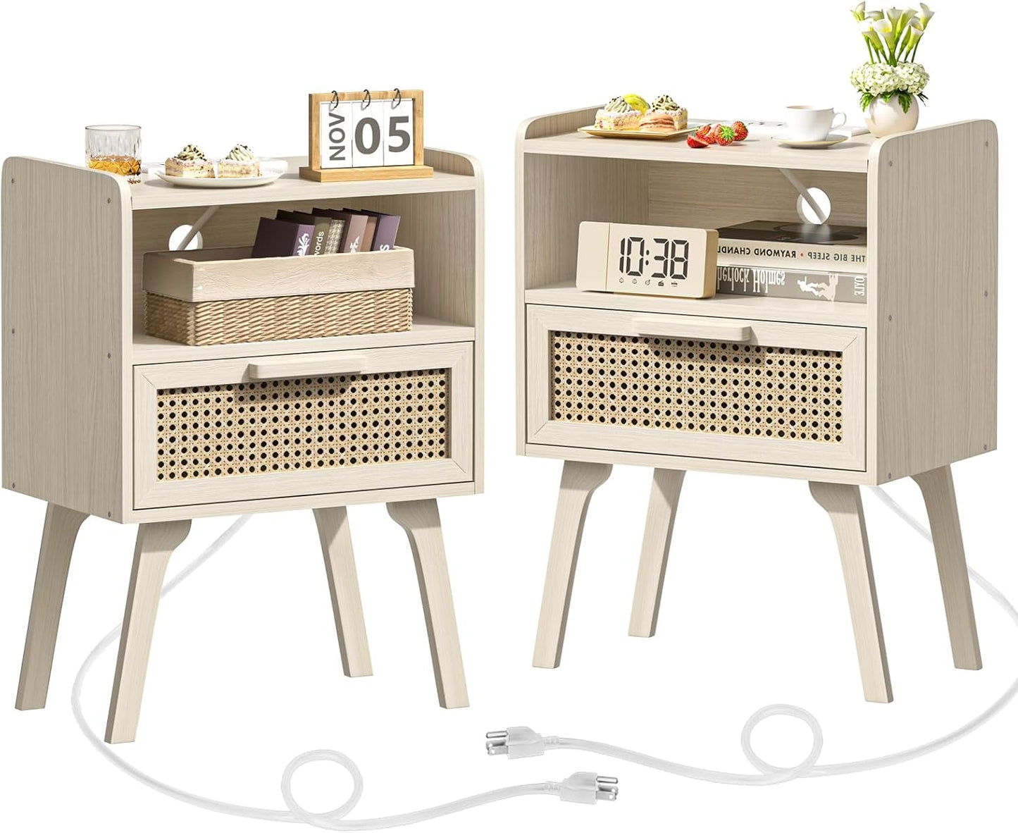 Lerliuo Rattan Nightstands Set of 2 with Charging Station, Side Table with Drawer Open Shelf, Cane Accent Bedside End Table, Night Stand for Bedroom, Dorm and Small Spaces (Grey White)