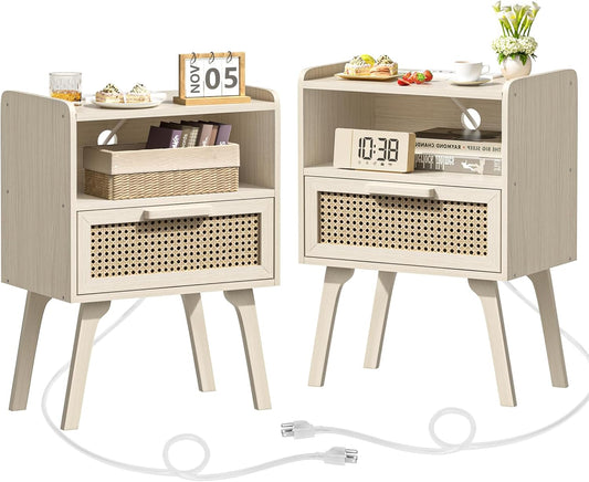 Lerliuo Rattan Nightstands Set of 2 with Charging Station, Side Table with Drawer Open Shelf, Cane Accent Bedside End Table, Night Stand for Bedroom, Dorm and Small Spaces (Grey White)