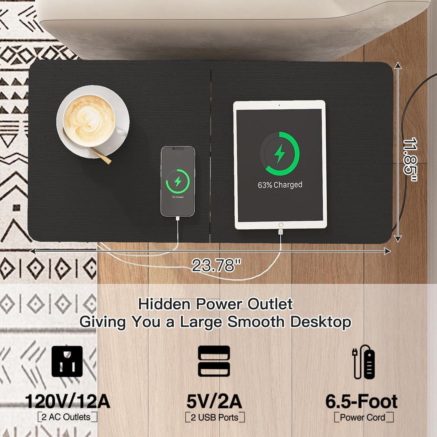 LIDYUK End Table with Charging Station, Narrow Side Table with Drawer and USB Ports & Power Outlets, Nightstand Bedside Tables for Small Spaces, Bedroom, Living Room, Black, Set of 2