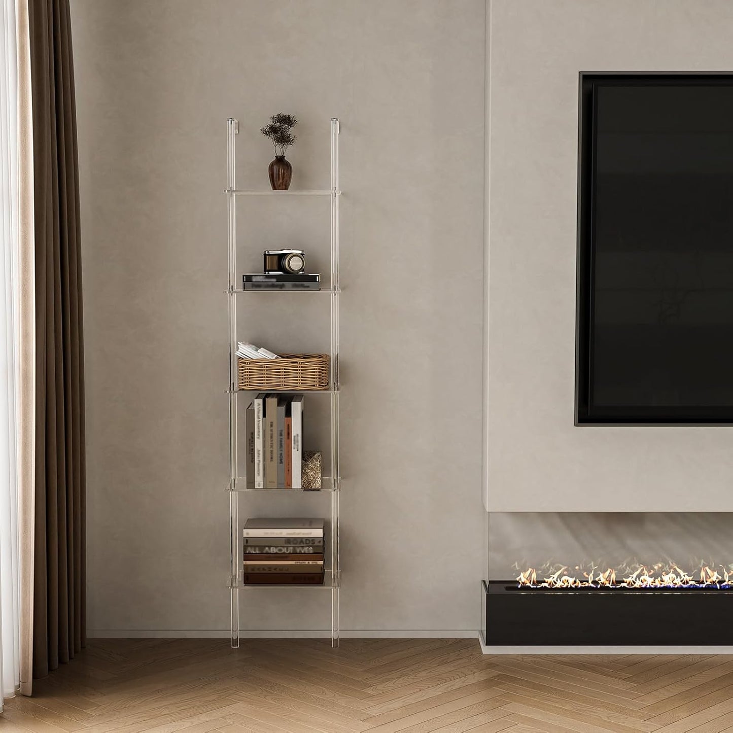 Small Acrylic Ladder Bookshelf, 9.5" D x 15.6" W, 5-Tier Clear Wall Mounted Book Shelf for Small Spaces, Multipurpose Bookcase for Living Room, Bathroom, Office, Modern, 73" H