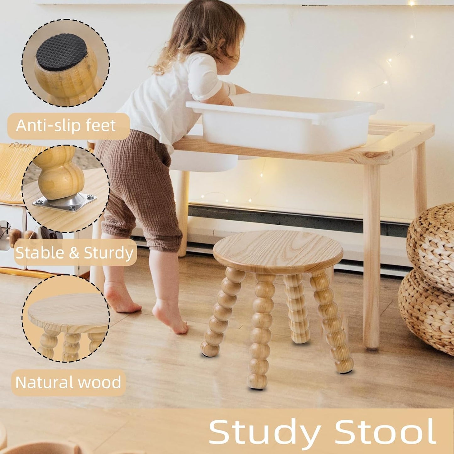 Solid Wooden Step Stool for Kids Adults, 10 inch Short Chair Perfect Matched Sensory Table, Sturdy and Versatile Foot Stool for Bathroom, Kitchen, Bedroom, Plant Stand Natural (1, Burlywood)