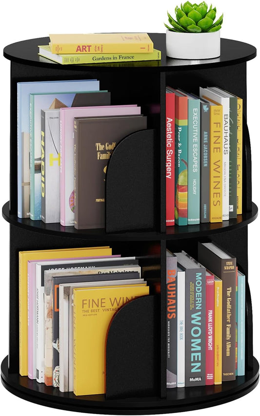 SpaceAid 2 Tier Rotating Bookshelf Tower, Spinning Bookcase Lazy Susan, Revolving 360 Book Shelf Storage Round Carousel, Vertical Rotate Turning Spiral Corner Organizer, Black