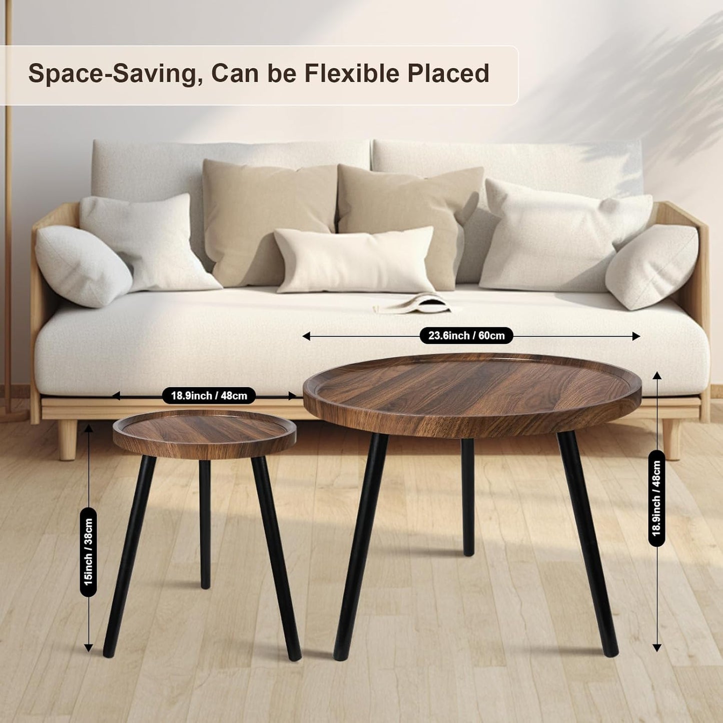 Nesting Coffee Table Set of 2, Modern Round Coffee Tables Nesting Side Table Set, Easy Assembly Nesting Tables for Living Room, Walnut Wood End Tables for Home Office Yard