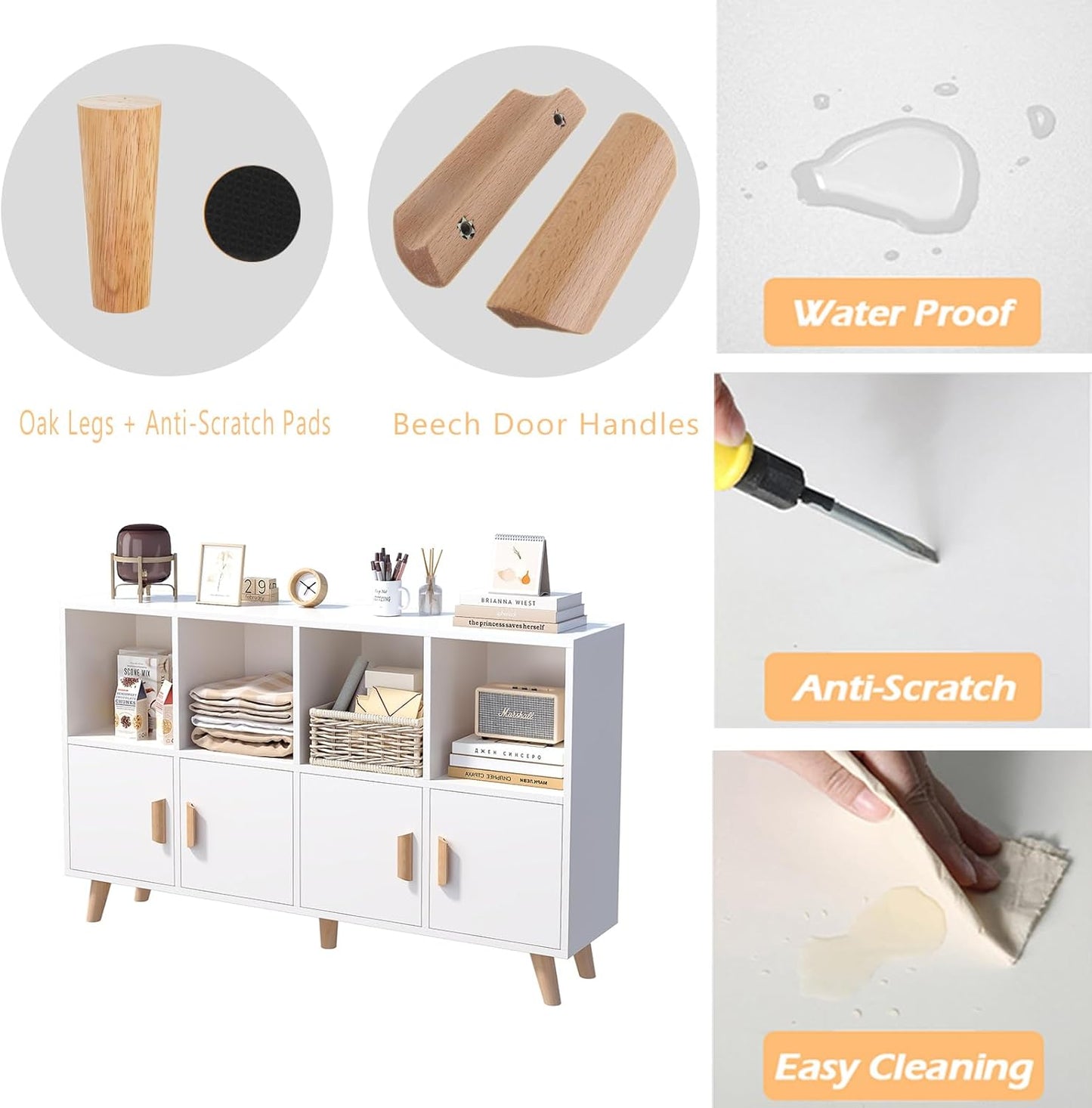 Cubby Shelf Bookcase with Doors - Wooden 8 Cube Floor Standing Open Bookshelf with Solid Wood Legs, 2-Tier Low Storage Cabinet, Warm White