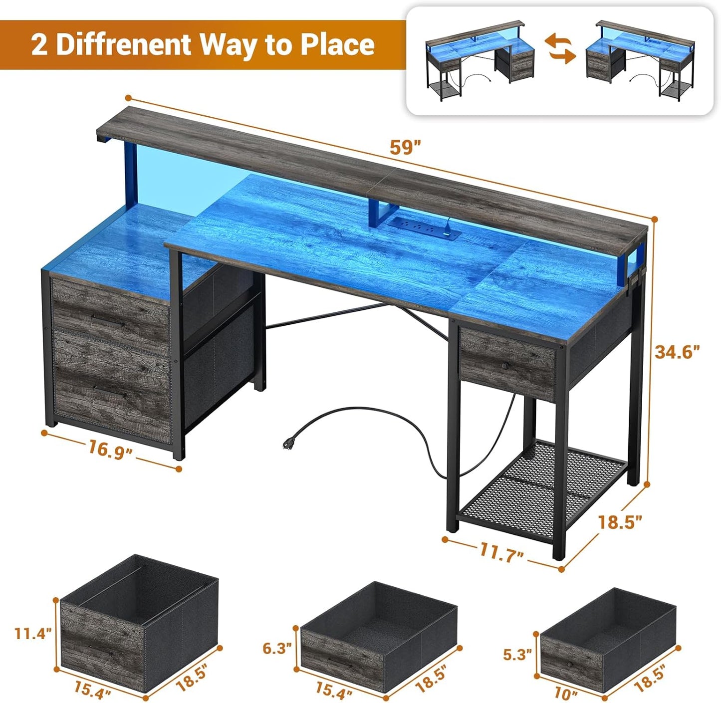 Aheaplus Computer Desk with 3 Drawers, Home Office Desk with File Drawer & Power Outlet, 59'' Gaming Desk with Led Lights, Work Desk with Storage Shelves, Printer Cabinet and Monitor Shelf, Grey Oak