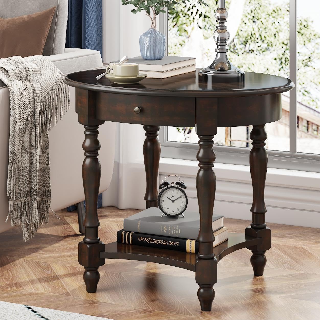 LEEMTORIG Oval Round End Table with Drawer, 2-Tier Solid Wood End Tables, Victorian Antique Nightstand Bedside Table for Bedroom Office Living Room, 28" W x 22" D x 24.2" H, Dark Walnut CJZ-2233-DC