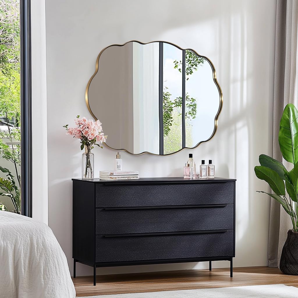 ANDY STAR Oval Bathroom Mirror, 30x40 Inch Scalloped Wall Mirror, Modern Brushed Gold Wavy Mirror, Anti-Rust Brass Metal Mirror for Bathroom Hang Vertical or Horizontal