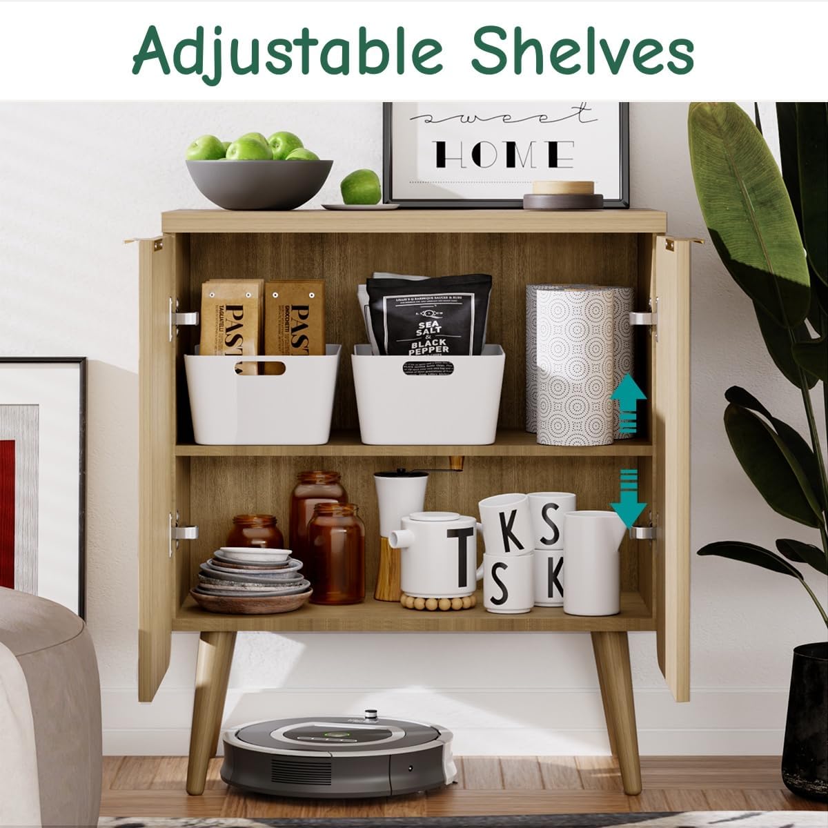 23.6" Sideboard Cabinet with 2 Doors, Modern Buffet Cabinet with Adjustable Shelf, Dining Room Sideboard, Fluted Buffet Sideboard for Living Room, Hallway, Entryway, Natual Oak