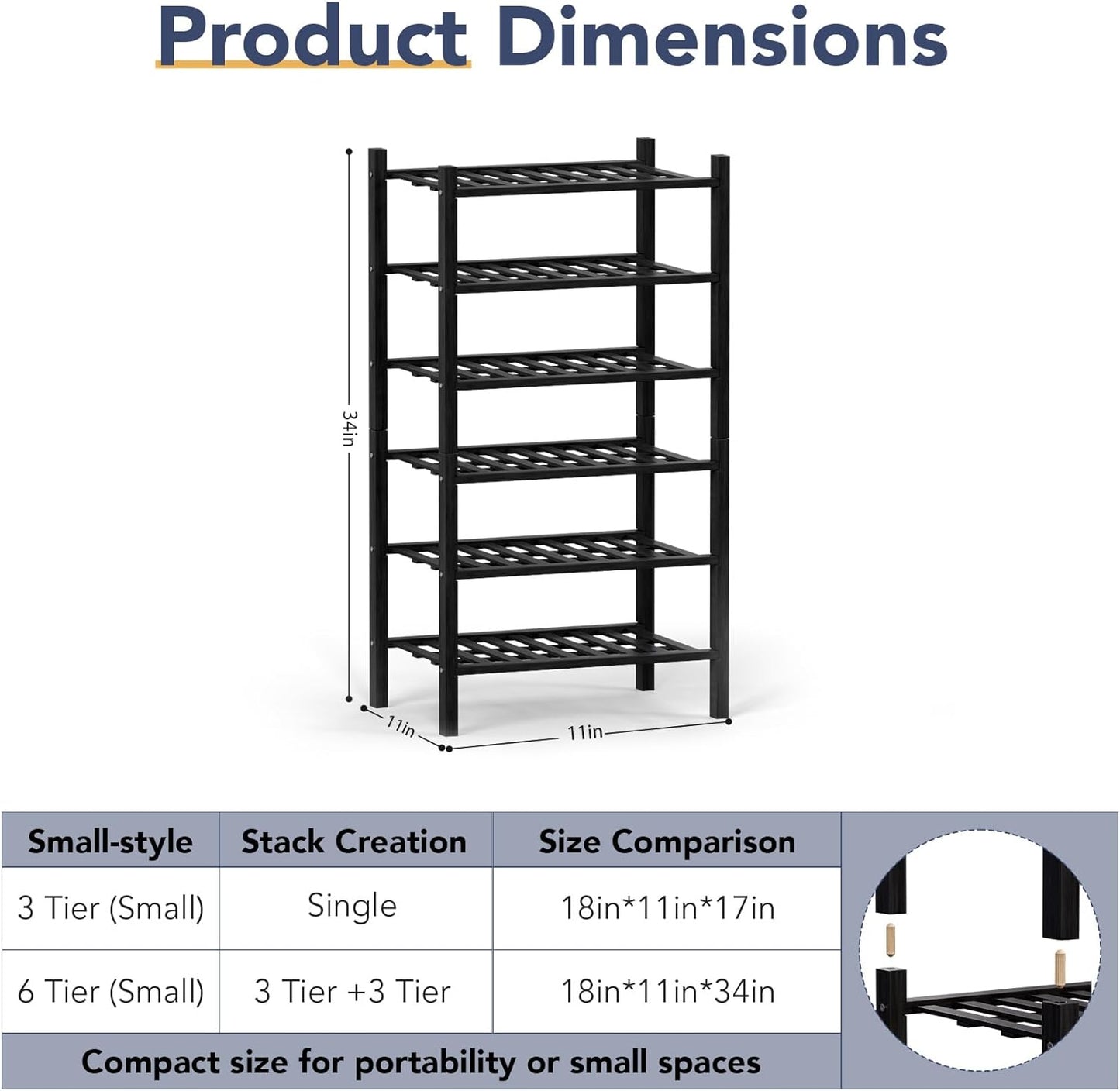 Haddockway small 6 Tier Bamboo Shoe Rack Storage Organizer, Multifunctional Free Standing Stackable Shoe Shelf with Grid Panel for Closet,Hallway,Entryway,Small Space 18"x11"x34"(Black, 6-Tier(Small))