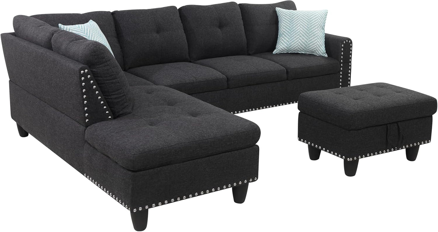 Ball & Cast 98" L Shaped Sectional Couch for Living Room with Chaise & Storage Ottoman,4 Seat Linen Upholstered Modular Sectional Sofa Set 3 PCS W/Cup Holders & Coffee Table,for Home,Office,Charcoal