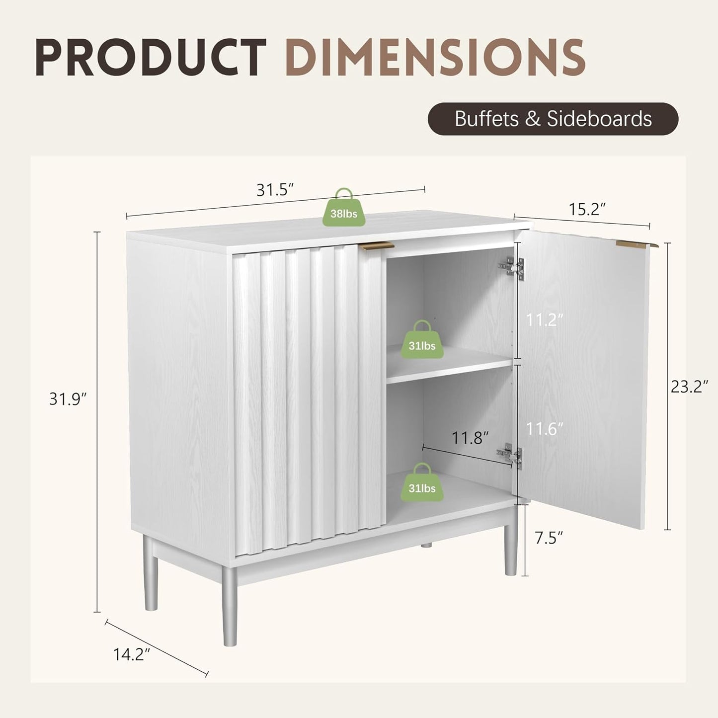 Fluted Cabinet with Storage, Buffet Cabinet Sideborad with Door, Kitchen Buffet Storage Accent Cabinets with Adjustable Shelves for Living Room, Entry, Hallway, White