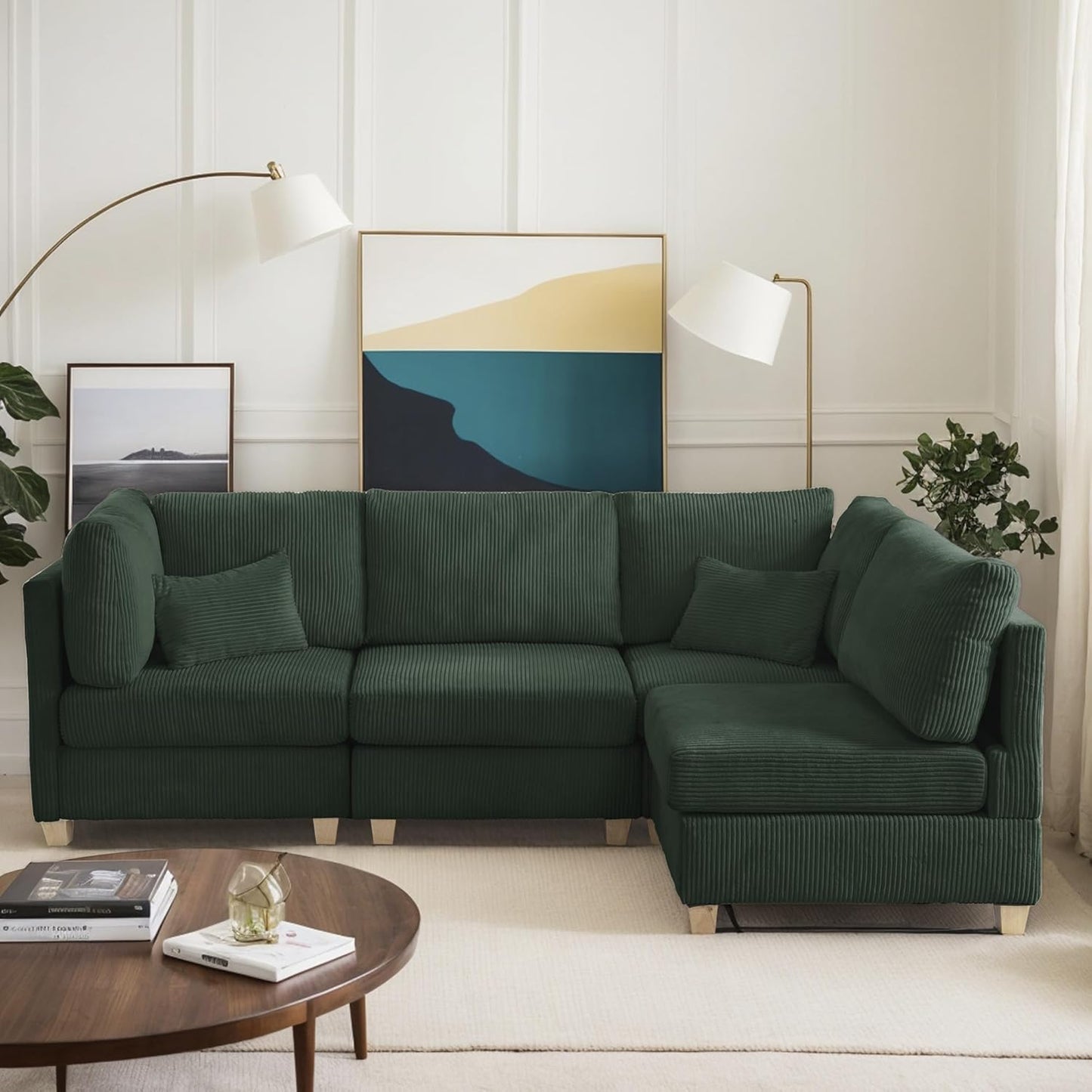 126" Convertible L-Shaped Modular Sectional Sofa, 4 Seater Corduroy Upholstered Corner Sofa Couch with Extra Wide Deep Seat, DIY Combination Lounger Sofa with Solid Wood Legs for Living Room Office