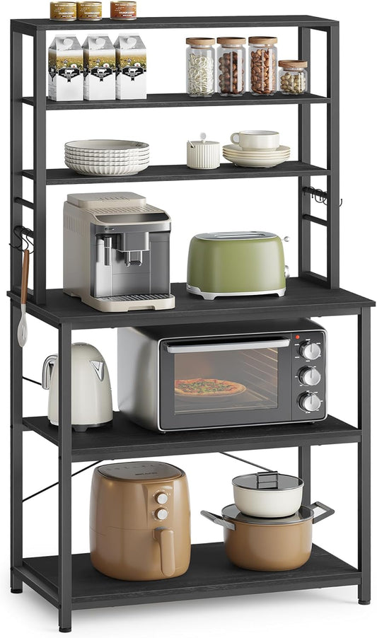 VASAGLE Coffee Bar, 31.5 Inches Baker's Rack for Kitchen with Storage, 6-Tier Kitchen Shelves with 6 Hooks, Microwave Stand, Industrial, Charcoal Gray and Black UKKS019B22