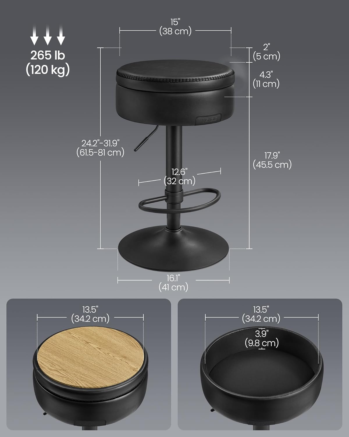 VASAGLE EKHO Collection - 360° Swivel Bar Stool, Height Adjustable Barstool with Storage, Synthetic Leather with Stitching, Mid-Century Modern, Kitchen Bar, Easy Assembly, Ink Black