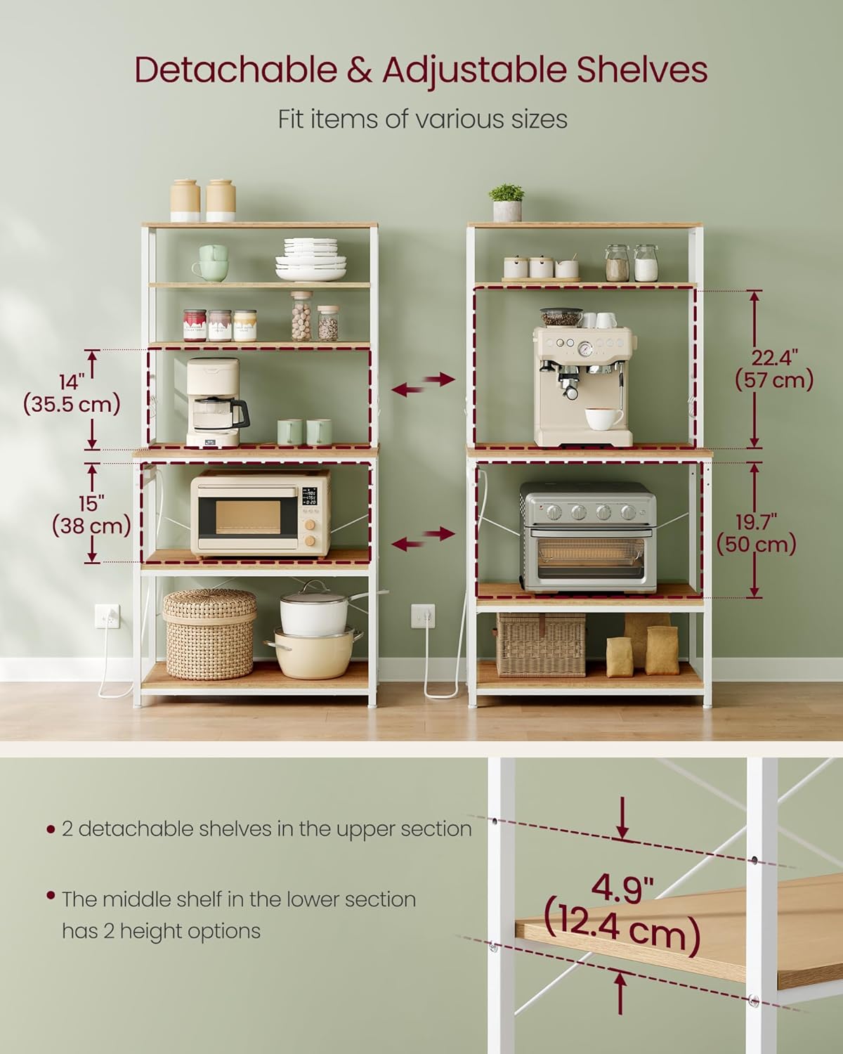 VASAGLE Bakers Rack with Power Outlet, 31.5 Inches Coffee Bar for Kitchen with Storage, 6-Tier Kitchen Shelves with 6 Hooks, Microwave Stand, Golden Oak and White UKKS119Y01