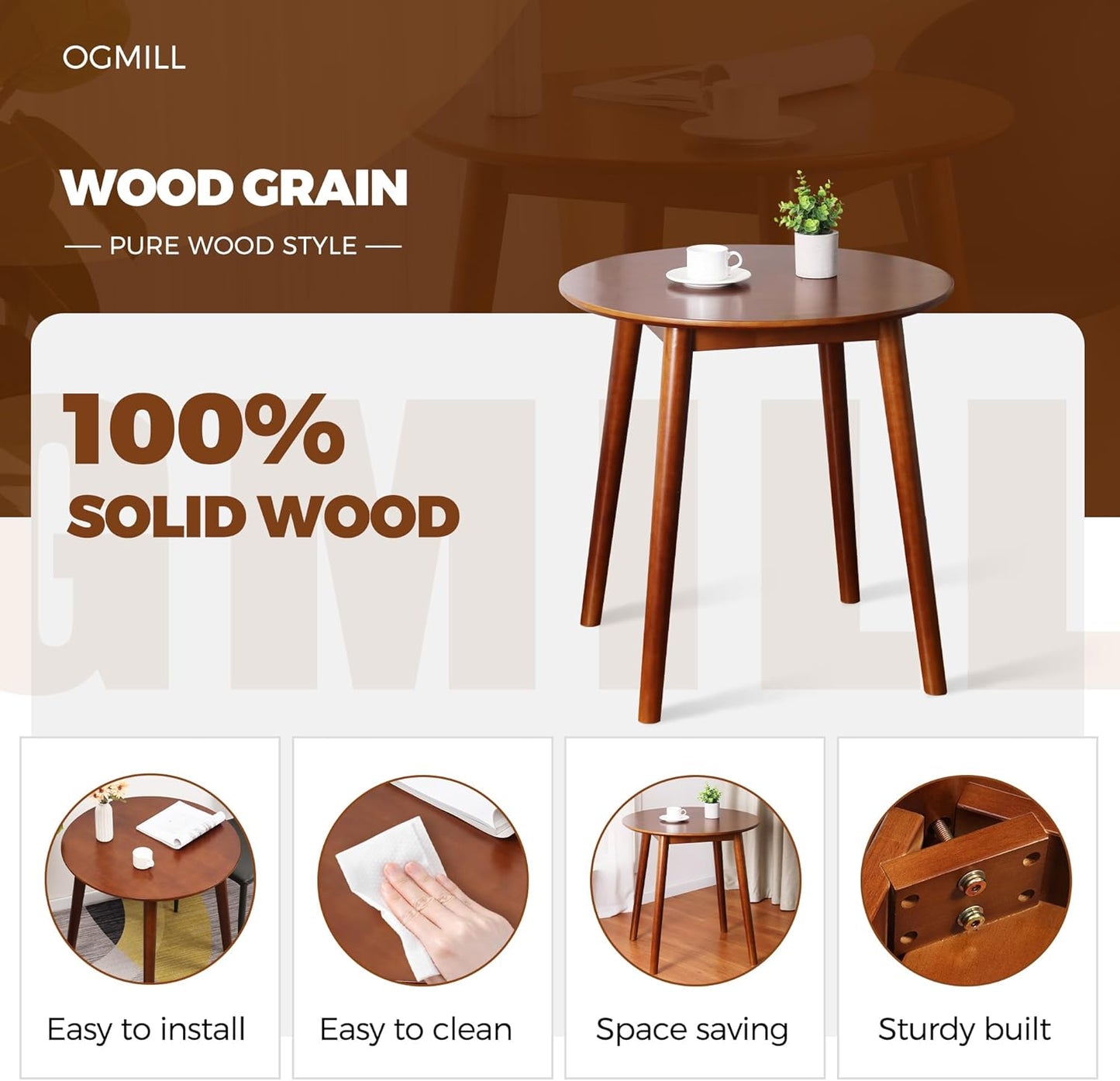 28.3" Small Round Dining Table for 2, Wooden Space-Saving Kitchen Dinner Table Rustic Wood Dining Table Mid Century Modern Kitchen Table (Brown)