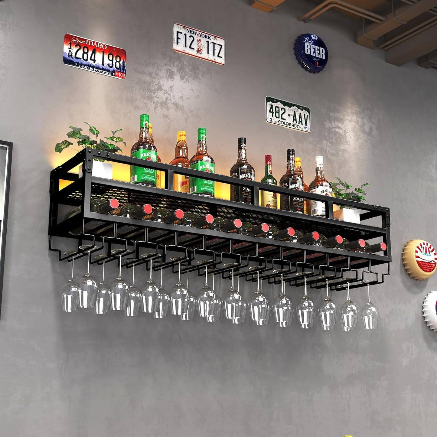 Pengfei LED Wine Rack Wall Mounted, Industrial Metal Wall Wine Shelf & Glass Holder, Large Floating Shelves Wine Bottle Storage Display Rack for Home Bar Dining Room Decor, Black