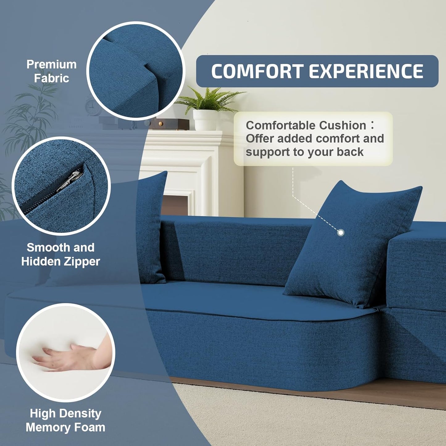 2-in-1 Folding Sofa Bed with Pillows - Folding Chair Floor Couch & Sleeping Mattress - Washable Cover & Memory Foam Sleeper Chair for Living Room/Guest Room/Apartment/Loft, Navy Blue, Twin