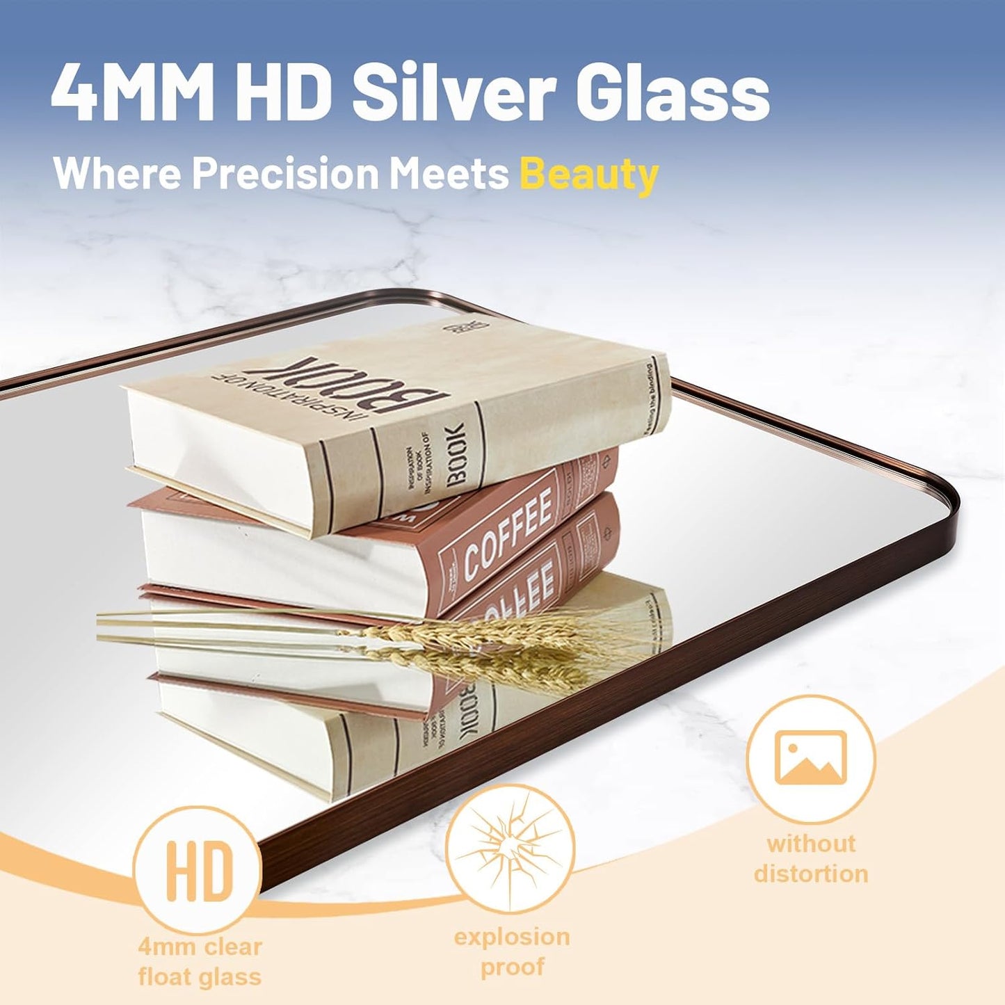 24x36 Inch Brushed Bronze Bathroom Mirror for Wall, Metal Framed Rectangle Mirror with Rounded Corner, Bathroom Vanity Mirror in Aluminum Alloy, Hangs Horizontally or Vertically