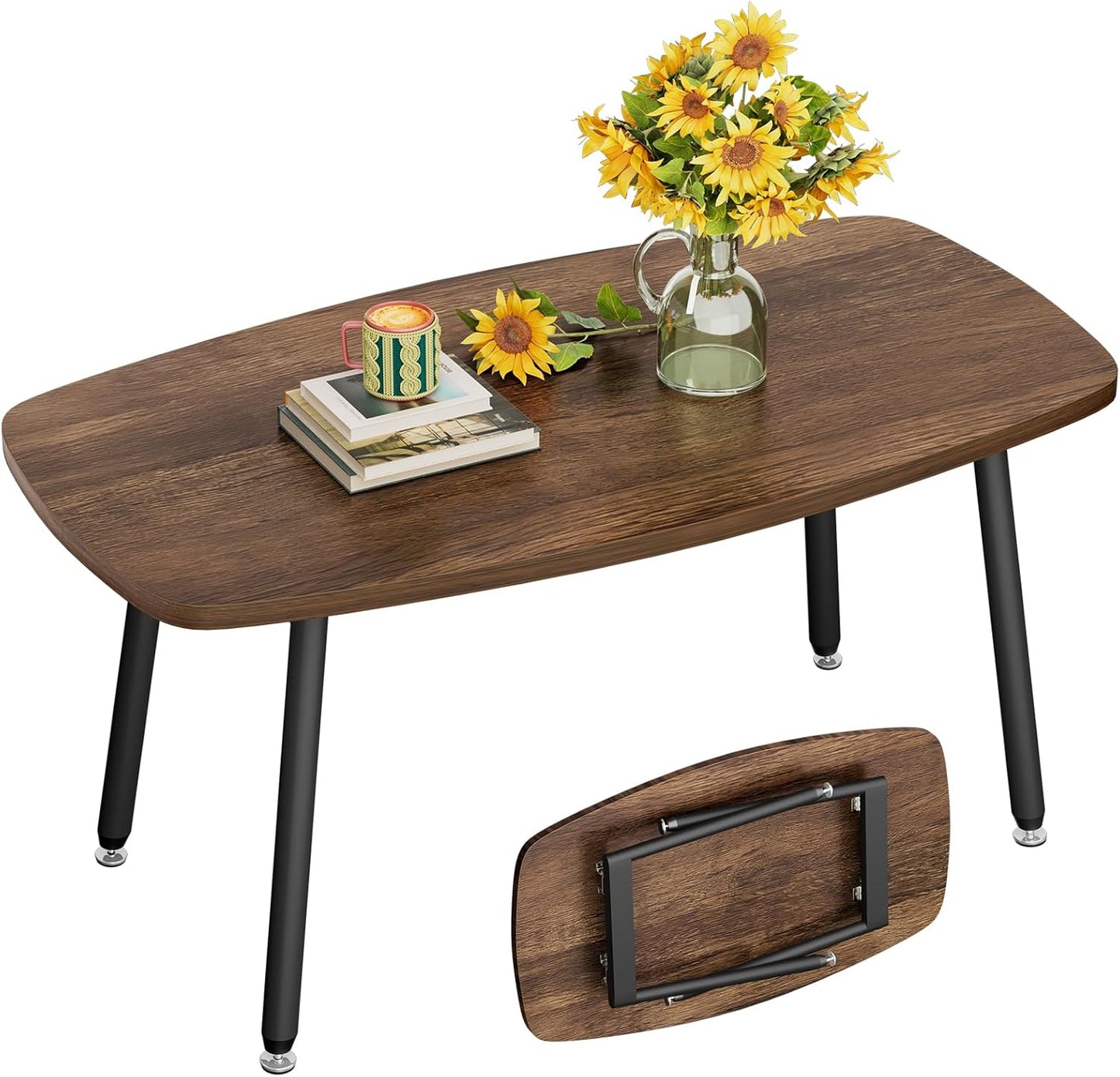 WOHOMO Folding Coffee Table Rustic Small Coffee Tables for Living Room Farmhouse Portable Table for Small Spaces Rectangular Mid Century Coffee Table, No Assembly 39.3 * 19.6 * 17.7IN, Walnut